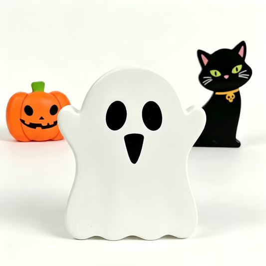 Myecovie Cute Wooden Pumpkin Decoration for Halloween -Set of 3 Halloween Tabletop Decor, Wooden Pumpkin Ghost Black Cat Figurines, Farmhouse Halloween Indoor Decoration for Home, Shelf