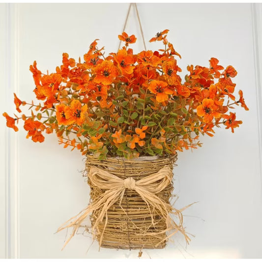 Myecovie Fall Basket Fall Wreath Basket for Front Door, Artificial Fall Hanging Basket with Orange Autumn Flowers & Eucalyptus, Rustic Woven Basket for Front Door Porch Thanksgiving