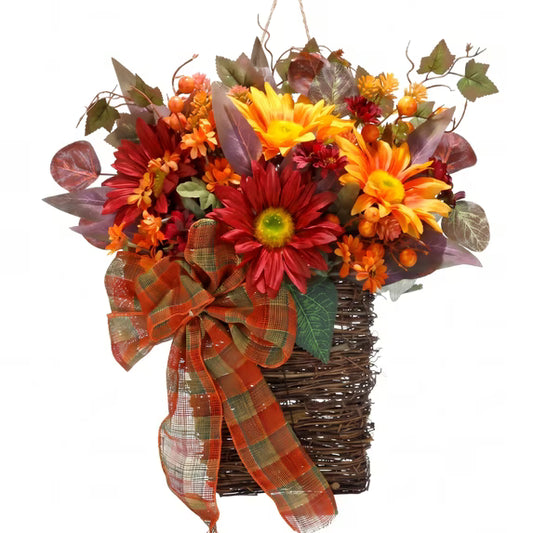 Myecovie Fall Hanging Basket Wreath with Sunflowers-16 inches Fall Wreath Basket Fall Decor for for Front Door, Thanksgiving Harvest Wall Decor