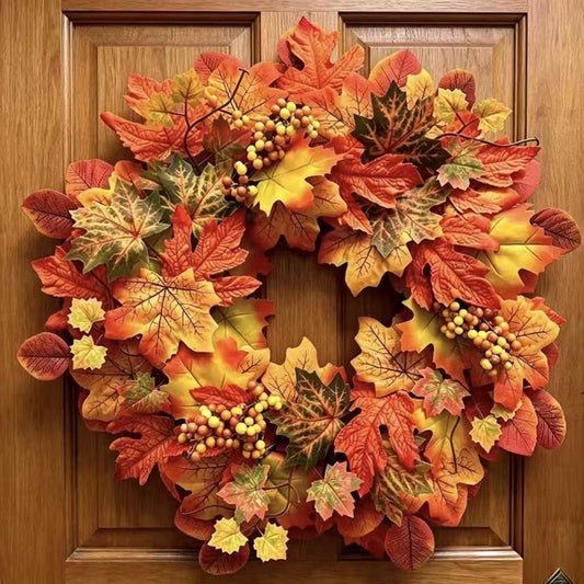 Myecovie Fall Maple Leaf Wreath for Front Door Artificial Fall Decoration Wreaths with Vibrant Maple Leaves & Berry Clusters for Fall Home Wall Indoor Outdoor Decor