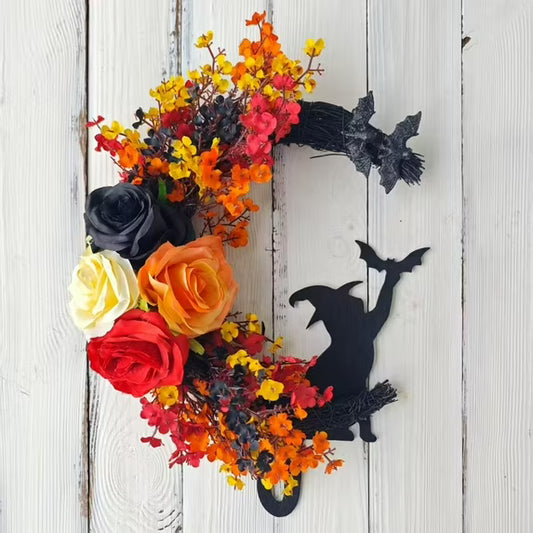 Fall Wreath 16" Halloween Wreaths for Front Door with Witch Cat Moon Decor-Cute Door Wreath Wall Decor for Fall Thanksgiving Halloween