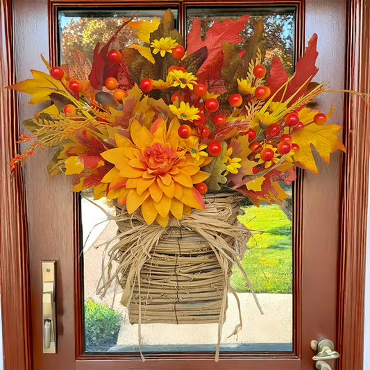 Fall Wreath Basket Outdoor Door Wreaths for Front Door 15" Wall Decor Basket Orange Fake Flower Decor with Maple for Fall