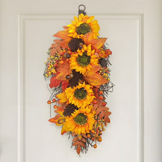 Fall Wreath Door Wreath Fall Swag for Thanksgiving Seasonal Wreath for Front Door 22" Length Swag with Maple, Pine and Orange Sunflower