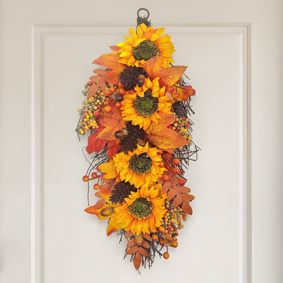 Myecovie Fall Wreath Door Wreath Fall Swag for Thanksgiving Seasonal Wreath for Front Door 22" Length Swag with Maple, Pine and Orange Sunflower