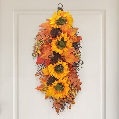 Myecovie Fall Wreath Door Wreath Fall Swag for Thanksgiving Seasonal Wreath for Front Door 22" Length Swag with Maple, Pine and Orange Sunflower