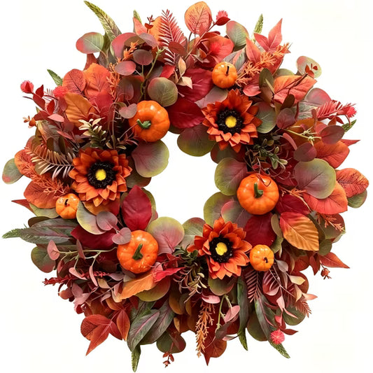 Myecovie Fall Wreath for Front Door-22 Inch Artificial Autumn Harvest Wreath with Sunflowers, Pumpkins, Burgundy Leaves & Eucalyptus for Porch Wall Indoor Outdoor Decor
