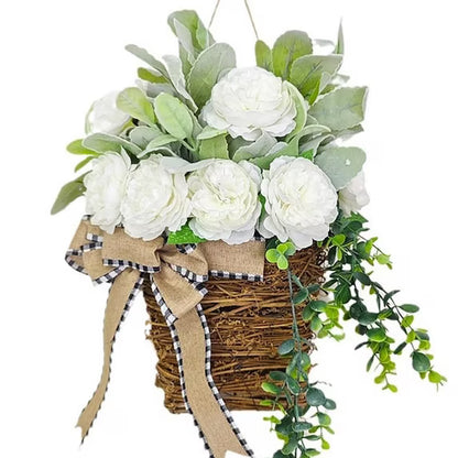 14Inch Spring Wreath Basket Door Basket Artificial Wreath for Spring Summer Home Decor Lamb Ear Peony Wreath Basket for Indoor Outdoor