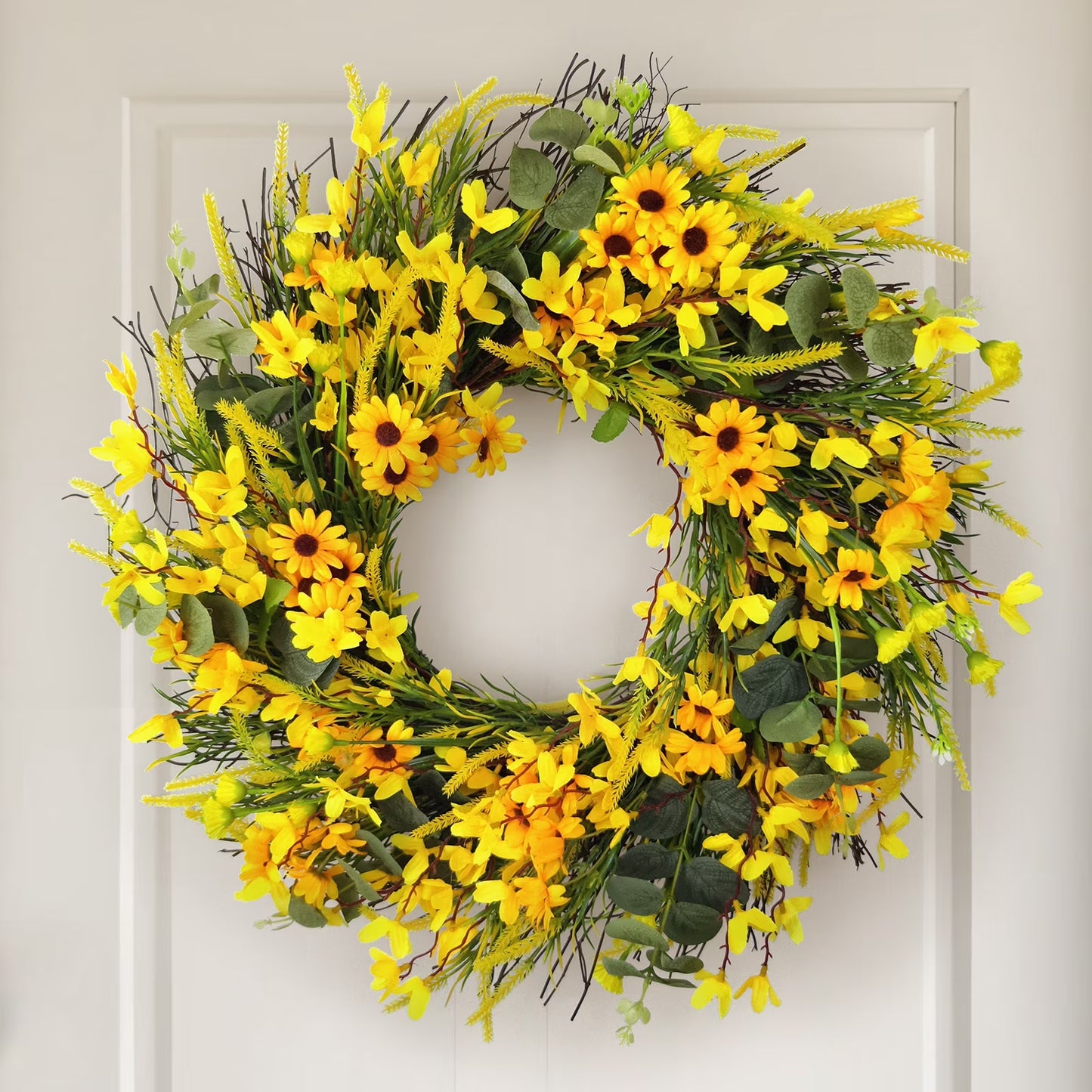Myecovie 18Inch Spring Wreath Forsythia Wreath with Yellow Daisy Summer Wreaths for Front Door Wreath for Seasonal Decor