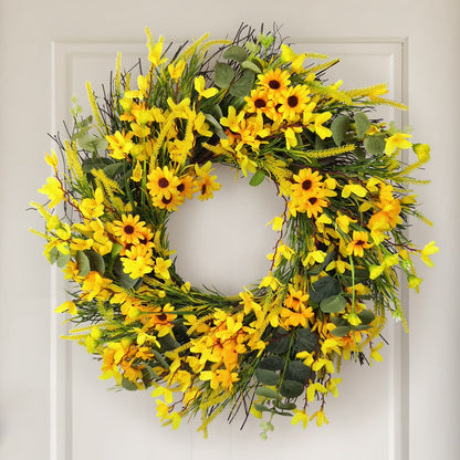 Myecovie 18Inch Spring Wreath Forsythia Wreath with Yellow Daisy Summer Wreaths for Front Door Wreath for Seasonal Decor