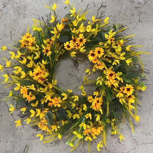 Farship 18Inch Spring Wreath Forsythia Wreath with Yellow Daisy Summer Wreath for Front Door Forsythia Door Wreath Every Day Flower Wreath For Inside And Outside
