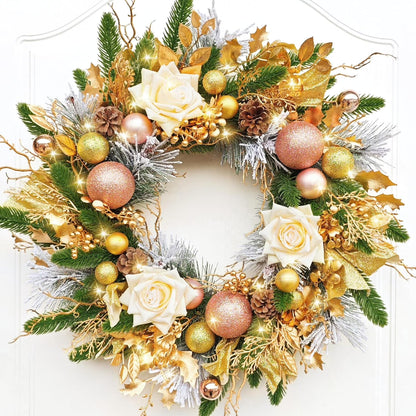Farship 20'' Christmas Wreaths for Front Door Gold Door Wreath with Light and Ball Ornaments, Christmas Winter Hanging Home Decoration