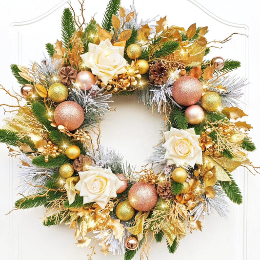 Farship 20'' Christmas Wreaths for Front Door Gold Door Wreath with Light and Ball Ornaments, Christmas Winter Hanging Home Decoration