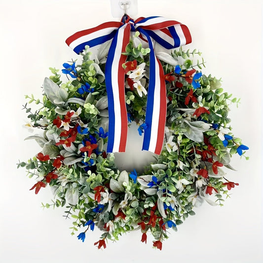 20Inch Patriotic Wreaths for Memorial Day 4th of July Summer Decor 3 Colors Wreaths for Front Door with Lamb Ears Leaves and Bow