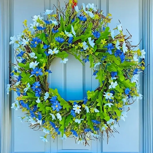 Farship Spring Wreath 18" Artificial Wildflower Wreaths for Front Door Indoor Outdoor Home Decor with Blue Green Leaves