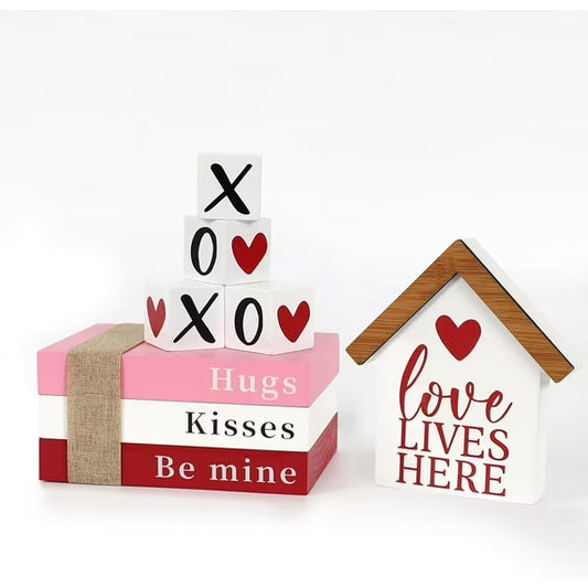 Farship Valentine Tabletop Decoration Valentine Decorations for Home Wood Centerpieces Book Stack with XOXO Blocks for Valentine Freestanding Indoor Party Decor