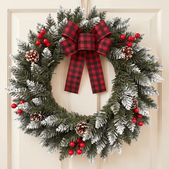 Myecovie Flocked Christmas Wreath 21.6 Inch Xmas Wreaths for Front Door with Red Black Buffalo Plaid Bow, Artificial Winter Wreath with Pine Cones & Red Berries for Wall, Window Decor