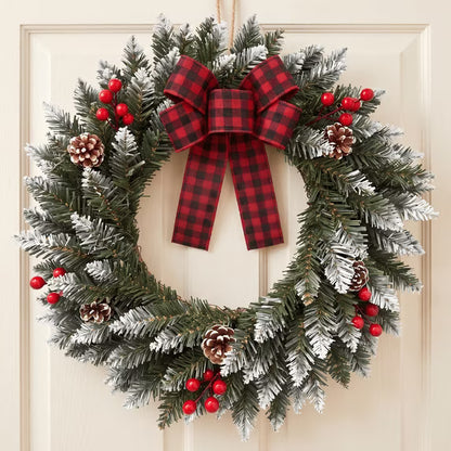 Myecovie Flocked Christmas Wreath 21.6 Inch Xmas Wreaths for Front Door with Red Black Buffalo Plaid Bow, Artificial Winter Wreath with Pine Cones & Red Berries for Wall, Window Decor