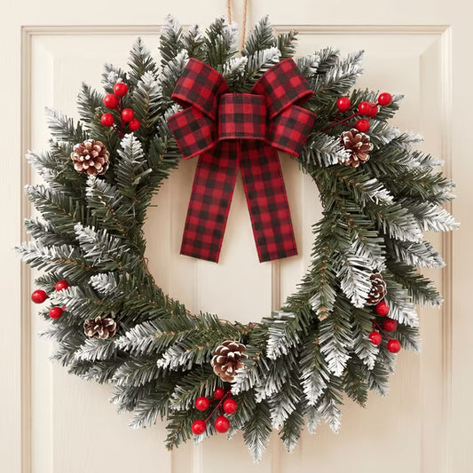 Myecovie Flocked Christmas Wreath 21.6 Inch Xmas Wreaths for Front Door with Red Black Buffalo Plaid Bow, Artificial Winter Wreath with Pine Cones & Red Berries for Wall, Window Decor