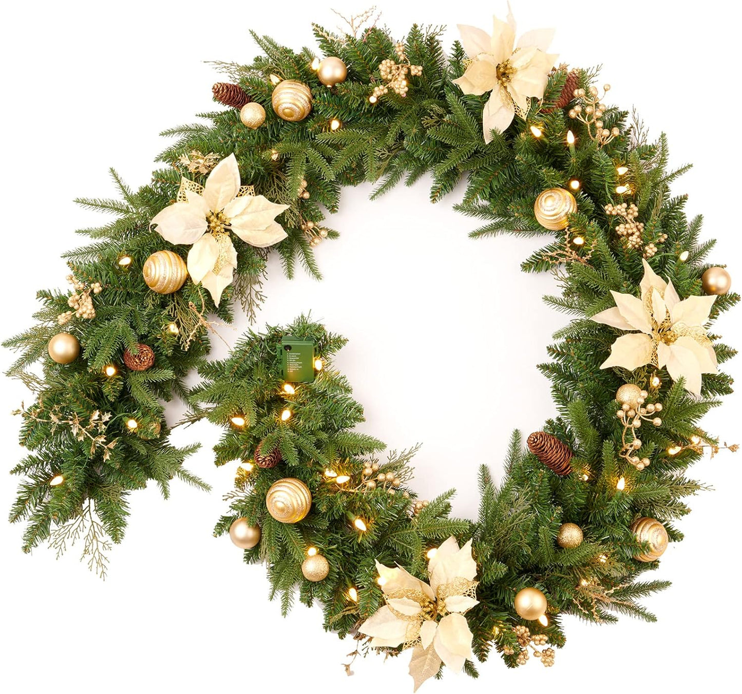 Farship 9ft Garland with Gold Berries,Flower and Balls for Holiday Decoration - Artificial