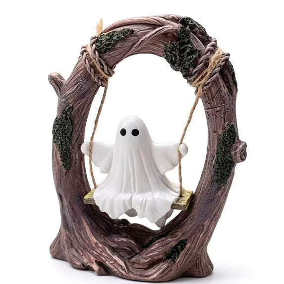 Myecovie Halloween Ghost Swing Figurine Halloween Tabletop Decorations Centerpiece Cute Resin Ghost on Tree Swing Statue Halloween Decor for Tabletop, Desk, Shelf, and Gift