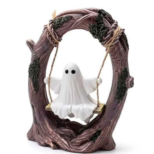 Myecovie Halloween Ghost Swing Figurine Halloween Tabletop Decorations Centerpiece Cute Resin Ghost on Tree Swing Statue Halloween Decor for Tabletop, Desk, Shelf, and Gift