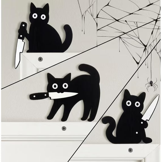 Myecovie Halloween Wall Decorations Set of 3 Cat-8.6" Black Cat Wooden Indoor Halloween Decoration for Door Cornor for Entrance Hall, Kitchen, Shelf Ultimate Door Corner Decoration