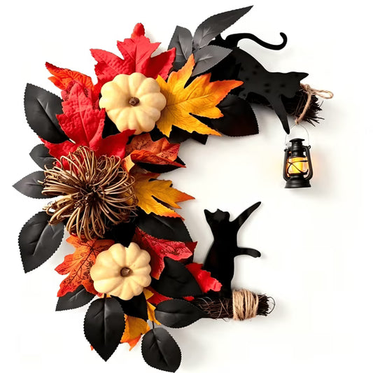 Myecovie Halloween Wreaths Fall Wreath 15 Inch Fall Halloween Half Wreath with Black Cats-Door Wreath with LED Lantern (Batteries Not Included) Autumn Harvest Wreath for Front Door, Wall, Thanksgiving & Hallo