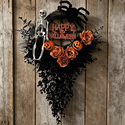 Myecovie Halloween Wreaths for Front Door 26" Halloween Swag Hanging Window Door Decoration with with Skeleton and Spider Halloween Indoor Decoration for Fall Halloween Thanksgiving
