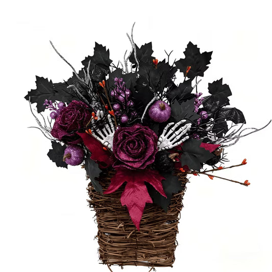 Myecovie Halloween Wreaths for Front Door 15 Inch Halloween Hanging Basket Decor with Roses & Pumpkins for Wall, Porch, Halloween Party & Gift