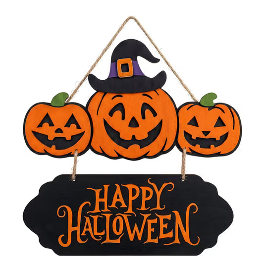 Myecovie Happy Halloween Decoration for Home - 15.7" Halloween Pumpkin Door Sign, ack-o'-Lantern with Witch Hat Wooden Hanging Sign, Farmhouse Halloween Front Door Decoration