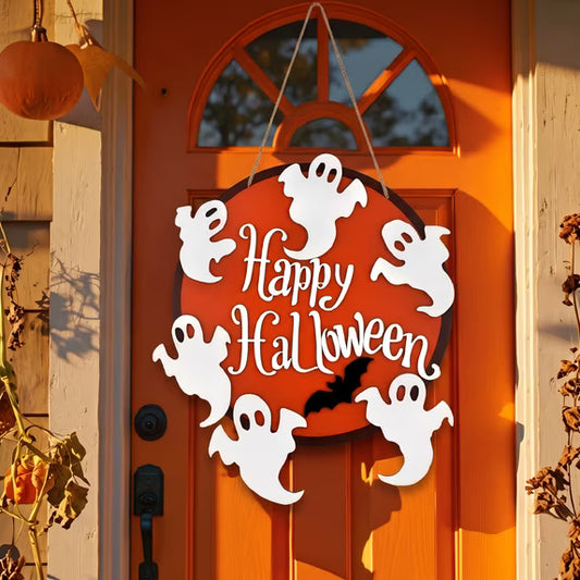 Myecovie Halloween Door Sign Halloween Door Window Hanging Decoration Ghost & Bat Wooden Door Hanger with Removable Ghosts Farmhouse Halloween Decor for Front Door, Wall, Porch