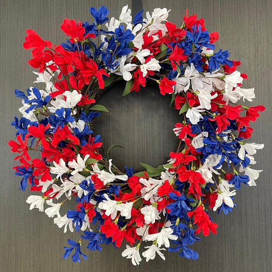 Memorial Day Wreath-20 inch 4th of July Wreath America Patriotic Door Wreath Red White and Blue Berry Forsythia Wreath Handcrafted Summer Front Door Wreath Seasonal Decor