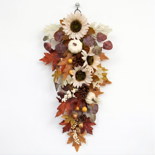 Myecovie 23.6 Inch Fall Swag Fall Wreaths for Front Door Autumn Sunflower Teardrop Swag with Pumpkins Fall Indoor Outdoor Decoration for Wall, Window & Home Decor