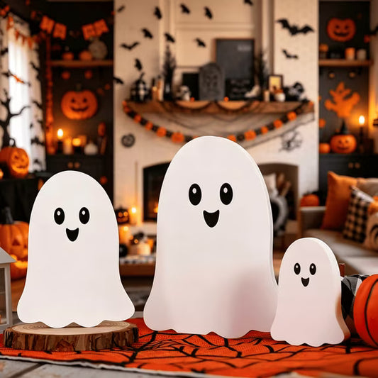 Myecovie Set of 3 Halloween Ghost Tabletop Decor-Cute Wooden Ghost Signs Farmhouse Centerpieces Standing Ghost Figurines for Farmhouse Halloween Indoor Decoration