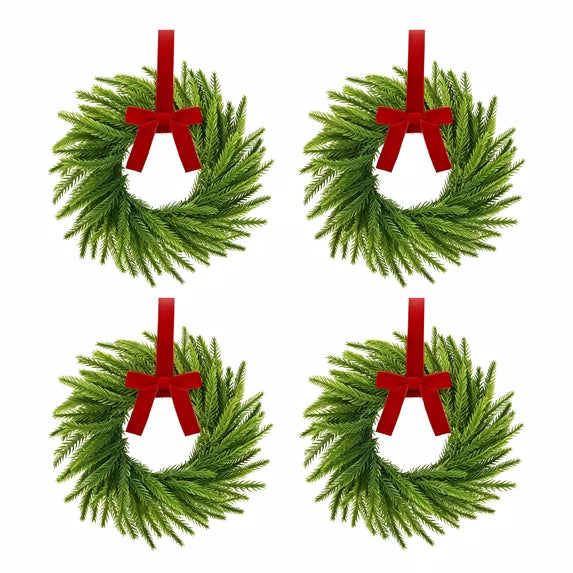 Set of 4 Cabinet Wreaths Norfolk Pine Christmas Wreath with Red Velvet Bow, Small Artificial Christmas Wreath for Kitchen Cabinet, Window, Door, Wall Holiday Decor-11 inches