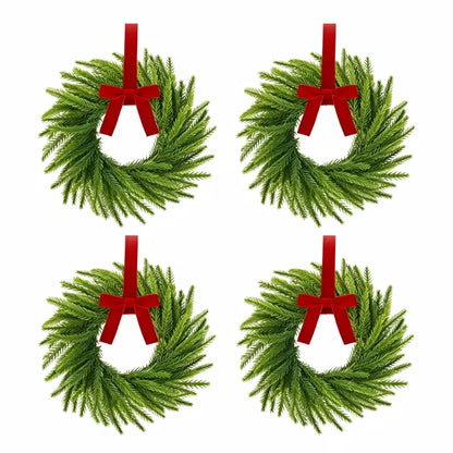 Set of 4 Cabinet Wreaths Norfolk Pine Christmas Wreath with Red Velvet Bow, Small Artificial Christmas Wreath for Kitchen Cabinet, Window, Door, Wall Holiday Decor-11 inches