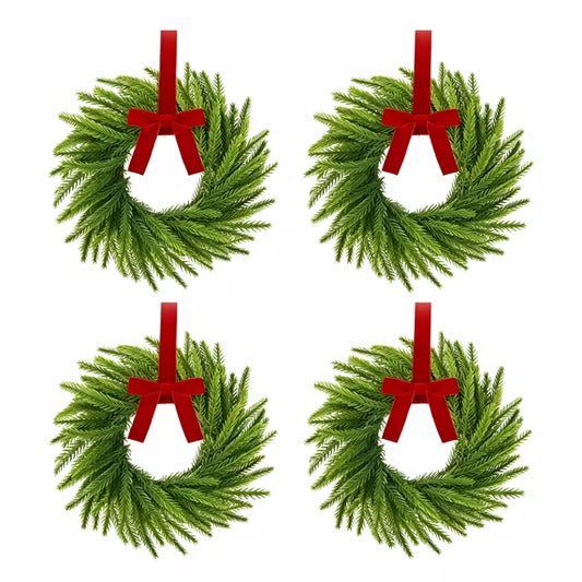 Set of 4 Cabinet Wreaths Norfolk Pine Christmas Wreath with Red Velvet Bow, Small Artificial Christmas Wreath for Kitchen Cabinet, Window, Door, Wall Holiday Decor-11 inches