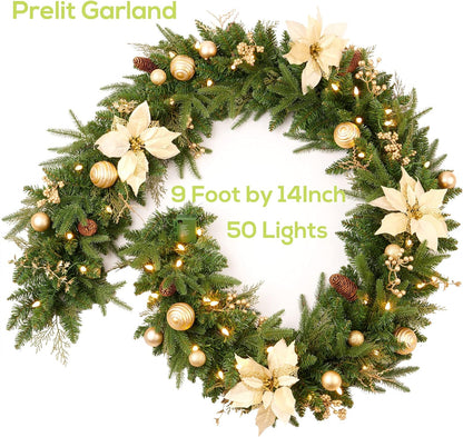 Farship 9ft Garland with Gold Berries,Flower and Balls for Holiday Decoration - Artificial