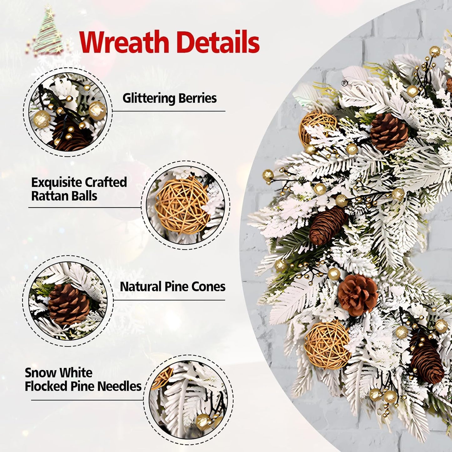 Farship 18" Snow-Kissed White Winter Wreath for Front Door - Artificial