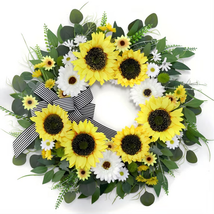 Myecovie Summer Spring Wreaths for Front Door 20 inches Artificial Sunflower Wreath with Daisy Eucalyptus & Striped Bow for Porch Wall Window Decor