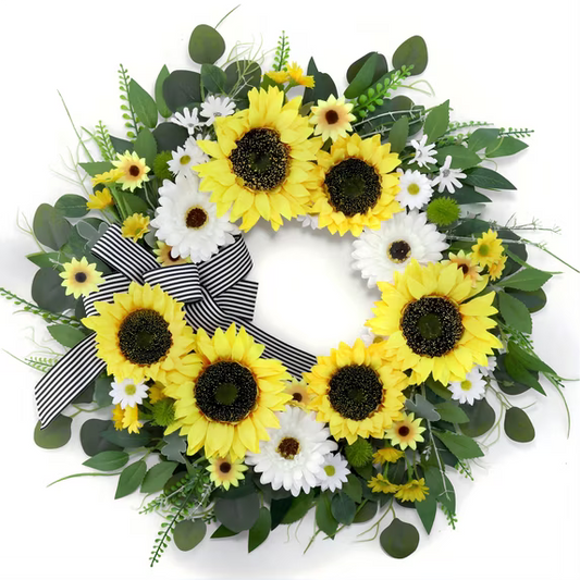 Myecovie Summer Spring Wreaths for Front Door 20 inches Artificial Sunflower Wreath with Daisy Eucalyptus & Striped Bow for Porch Wall Window Decor