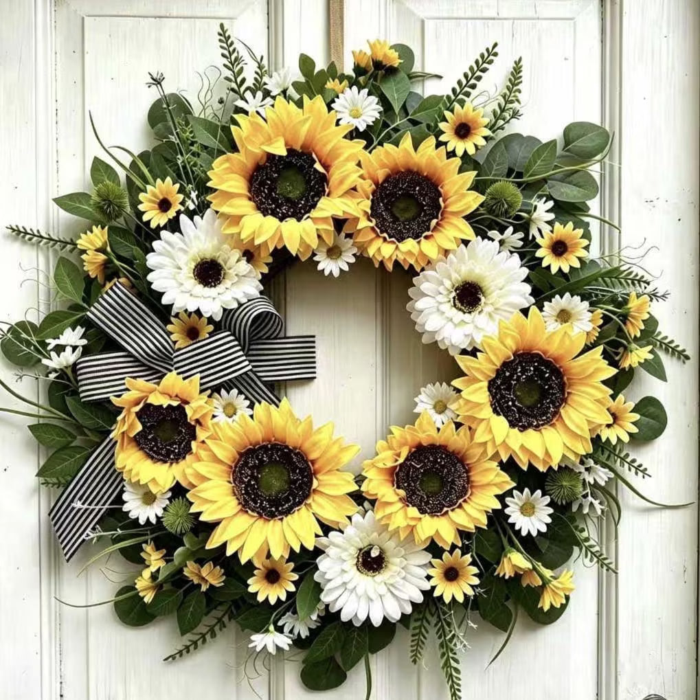 Summer Spring Wreaths for Front Door 20 inches Artificial Sunflower Wreath with Daisy Eucalyptus & Striped Bow for Porch Wall Window Decor