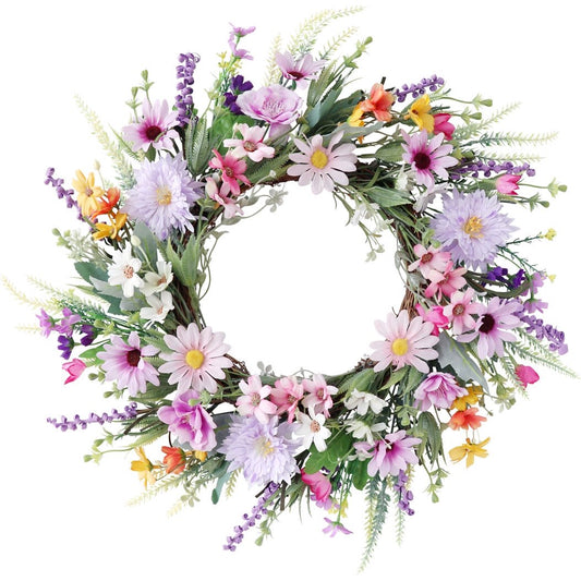 Farship 20 Inches Spring Wreaths for Front Door Wildflowers Wreath Artificial Silk Wreath With Daisy Lavender for Window Indoors Outdoor Decor