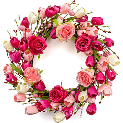 Valentine's Day Wreath 19 Inches Spring Wreaths for Front Door Farship Valentines Door Wreath Valentines Floral Wreaths with Rose Tulips Flowers for Wall Window Decor