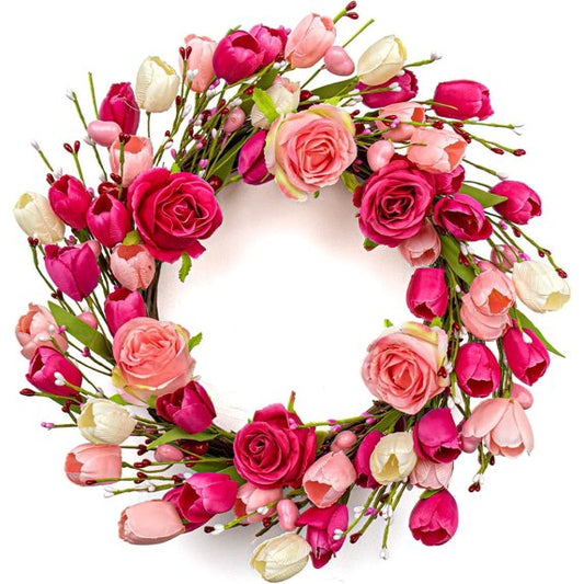 Valentine's Day Wreath 19 Inches Spring Wreaths for Front Door Farship Valentines Door Wreath Valentines Floral Wreaths with Rose Tulips Flowers for Wall Window Decor