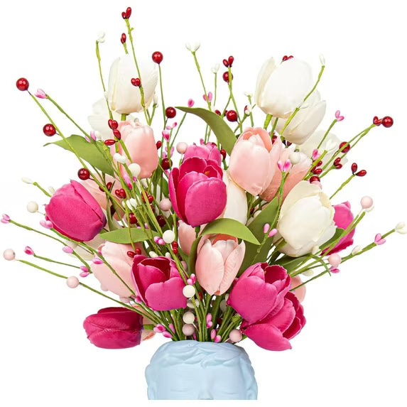 Farship Valentines Day Decorations 6 Pack Artificial Flowers 17inch Valentine’s Day Flower Decor with Tulip Berry for Valentine’s Day Wedding Party Center Pieces Decoration (Without Vase)