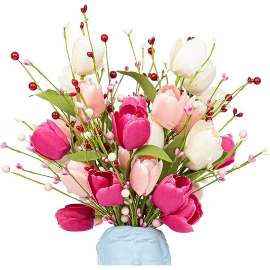 Farship Valentines Day Decorations 6 Pack Artificial Flowers 17inch Valentine’s Day Flower Decor with Tulip Berry for Valentine’s Day Wedding Party Center Pieces Decoration (Without Vase)