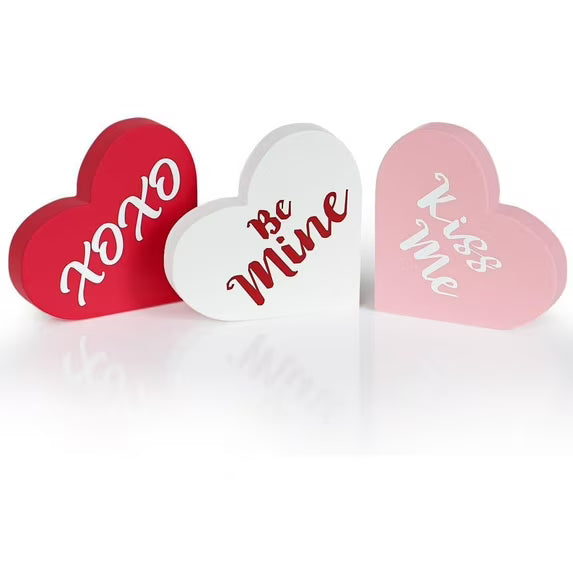 Farship Valentines Day Tabletop Decorations - 3 Pcs Large Wood Heart Shape Centerpiece for Indoor Decorations Heart Decoration for Party and Home