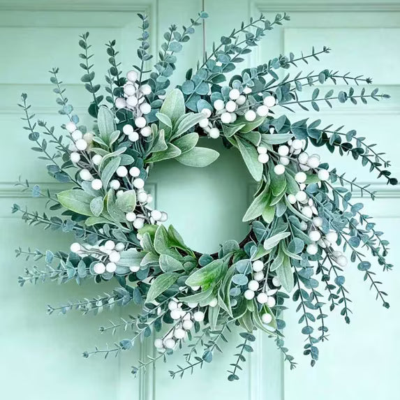 Winter Wreath Artificial Greenery 20 inches Door Wreath with White Berries Flocked Lambs Ear Wreath for Front Door Spring Wreaths Farmhouse Wall Home Decor