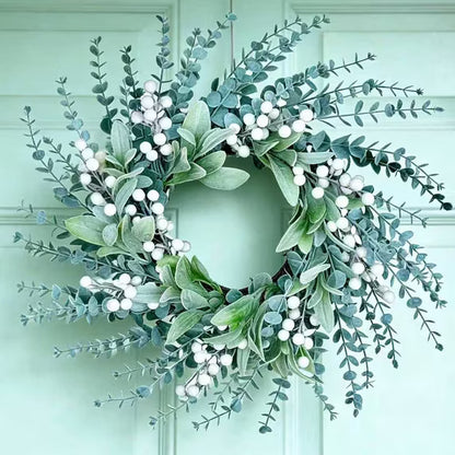 Winter Wreath Artificial Greenery 20 inches Door Wreath with White Berries Flocked Lambs Ear Wreath for Front Door Spring Wreaths Farmhouse Wall Home Decor